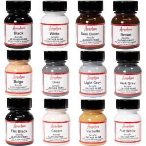 imageAngelus Acrylic Leather Paint Starter Kit Set of 12 Pack Paint 1oz Blacks Browns Whites Grey Beige Cream