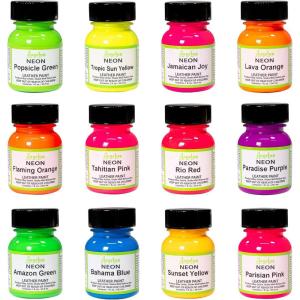 imageAngelus Neon Acrylic Leather Paint Set  12 Vibrant Colors 1 oz Each  NonToxic Leather Canvas Wood Paints for Customization and Crafting Flexible Mixable Made In USA