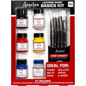 imageAngelus Leather Paint Basics Kit  Acrylic Leather Paint Set with 5 Colors 1 oz each Preparer ampamp Deglazer and Paintbrushes1
